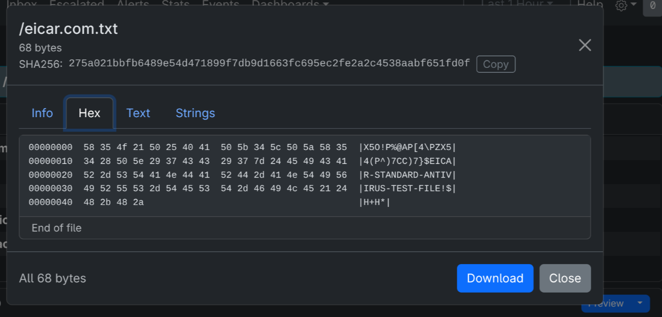 EveBox file preview dialog showing a hex dump of eicar.com.txt, with Info, Hex, Text and Strings tabs and a Download button