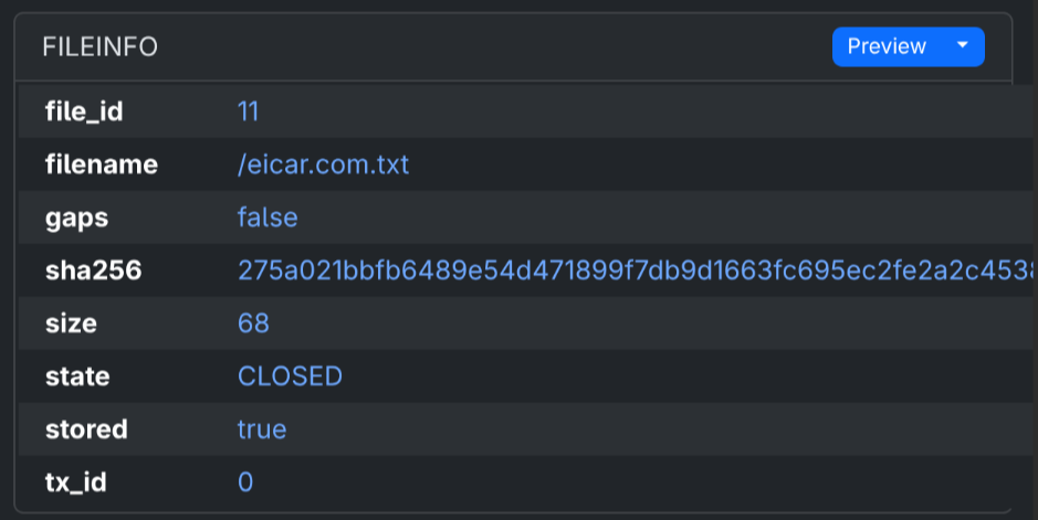 EveBox fileinfo event showing an extracted eicar.com.txt file with a Preview button