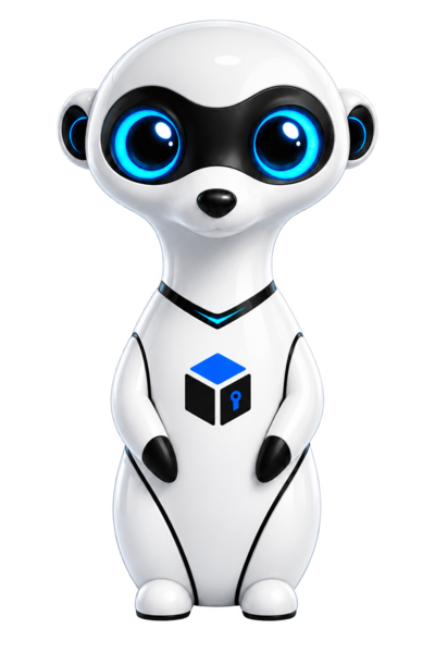 The EveBox mascot: a white robotic meerkat with glowing blue eyes