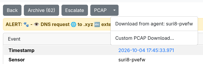 EveBox event view with the PCAP download menu open, offering to download the PCAP from the agent